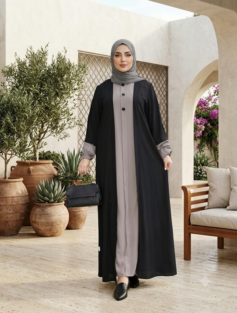ERAM TRADERS Premium Firdous Fabric, Stylish Dual-Tone, Front Buttons, Black & Grey Color-Blocked Abaya (Pack of 1) - Image 2