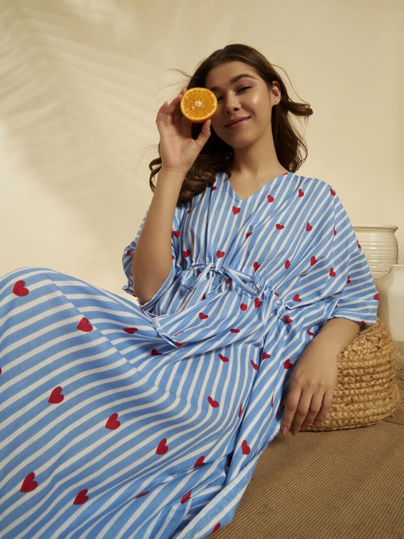 Ravaiyaa - Attitude is everything Women Blue White Striped & Heart Printed Cotton V-Neck Knee Length Kaftan Dress Nighty | Vacation Wear | Beach Wear - Image 5