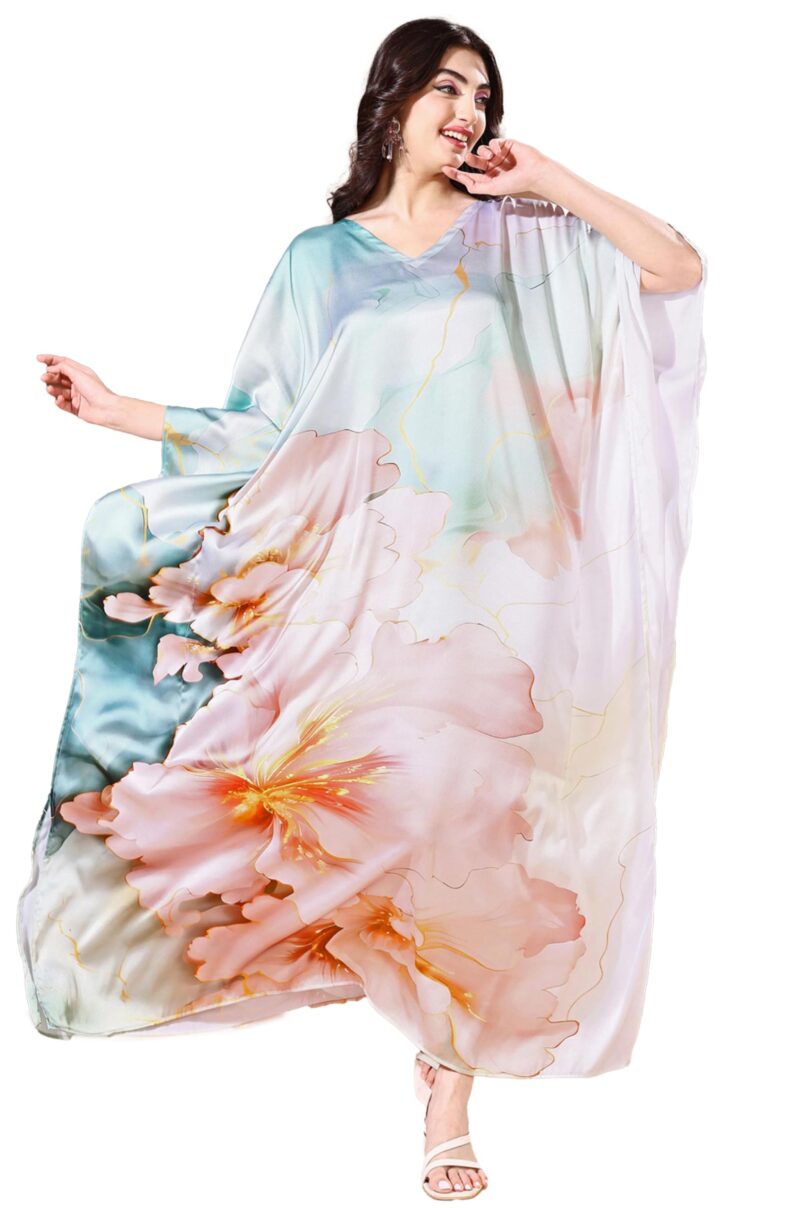 Label Aarna Premium Soft Satin Kaftan Dress for Women / Digital Print / Free Size (M-3XL) / Hidden Adjustable Belt / Full length / Maxi / Resort Wear