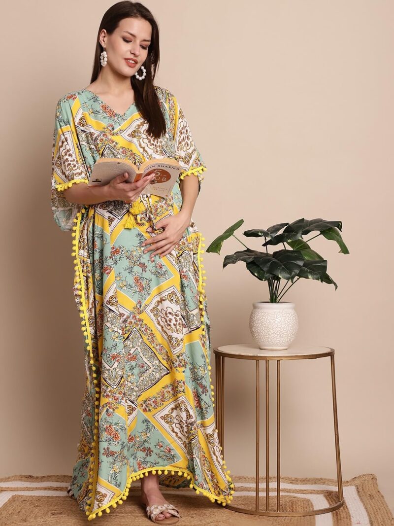 Secret Wish Women Maxi Rayon Yellow Printed Maternity Kaftan Free Size - Image 6