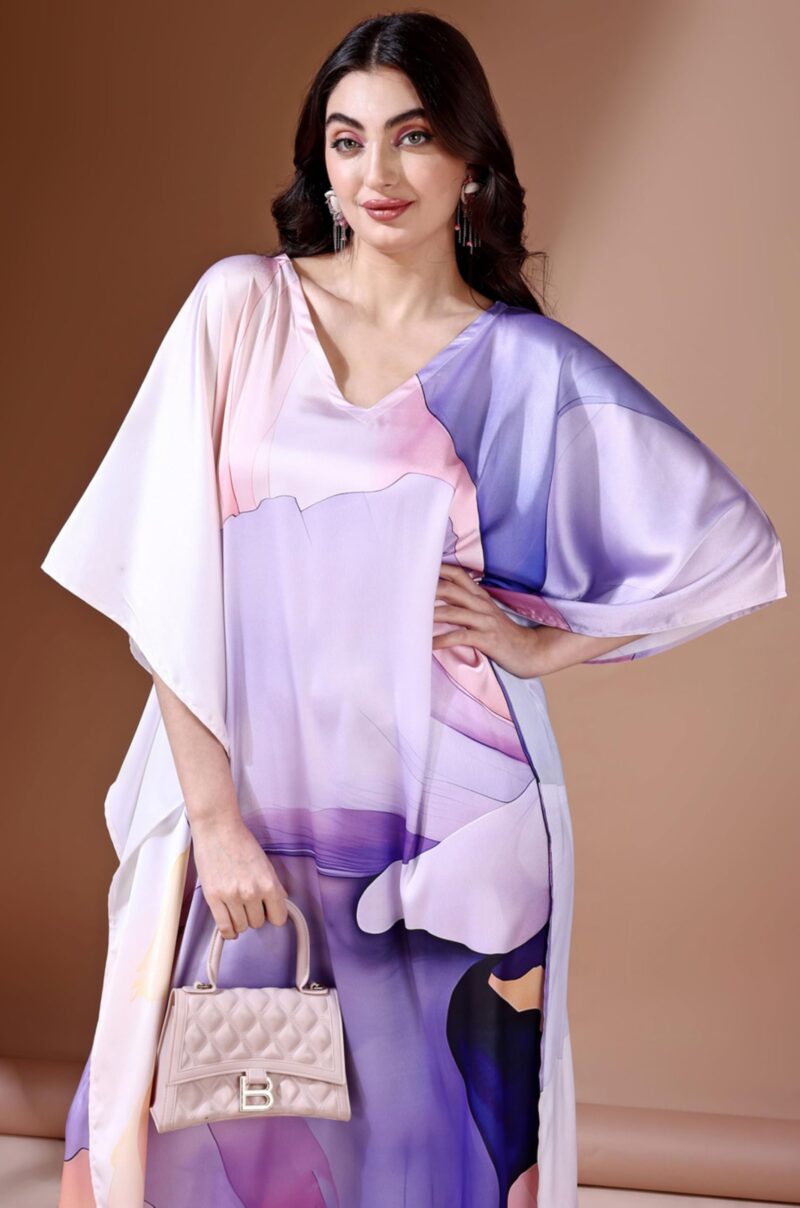 Label Aarna Premium Soft Satin Kaftan Dress for Women / Digital Print / Free Size (M-3XL) / Hidden Adjustable Belt / Full length / Maxi / Resort Wear - Image 4