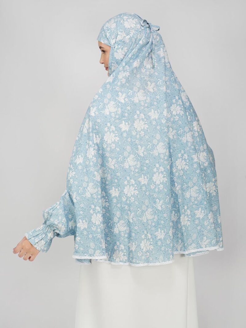 ANAApparels ANA Maham Blue Floral Prayer Dress – Pure Cotton Namaz Makhna with Tie Knot, 40″ Front × 44″ Back | Attached Sleeves | Lightweight, Breathable for Hajj, Umrah & Salah - Image 4