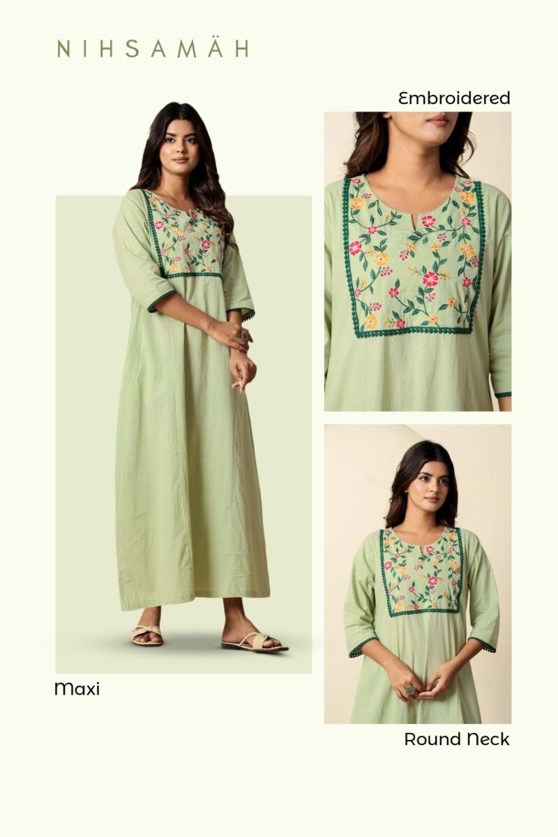 NIHSAMAH Premium Women’s Embroidered Nighty – 100% Cotton, Full-Length Comfort Sleepwear Long Nightwear, Soft Fabric for Daily & Night Use, Maxi (Light Green, M-Bust-42) - Image 5
