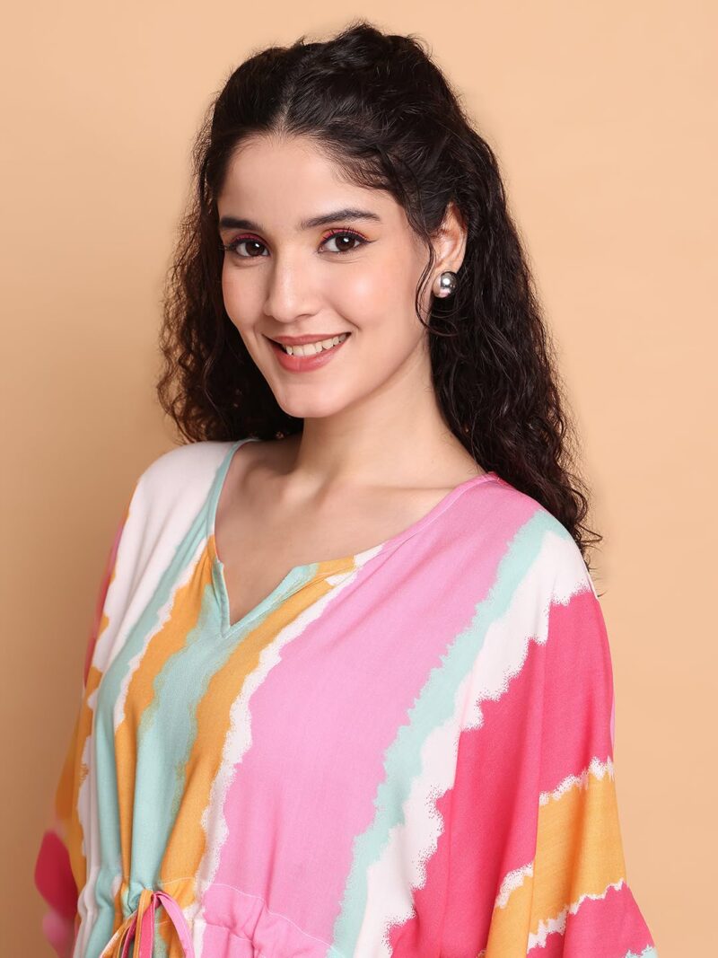 Secret Wish Multi Striped Rayon Kaftan/Free Size/Printed/Drawstring/Nightdress/Nightwear/Full Length - Image 3
