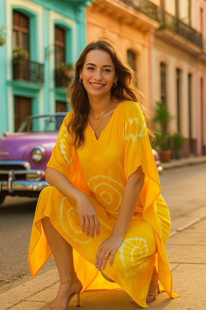 Maaesa Women Yellow Handcrafted Tie-Dye Rayon Loose Fit Kaftan Dress | V-Neck | Flowy Kaftan Style | Lightweight & Breathable Fabric | Casual Wear - Image 7