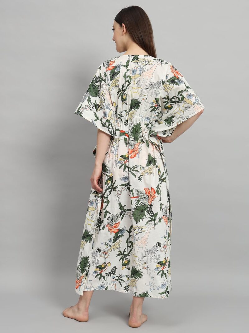 Ravaiyaa - Attitude is everything Women's 100% Cotton Printed Kimono Sleeves V-Neck with Adjustable Drawstring Long Kaftan (White Green) - Image 6