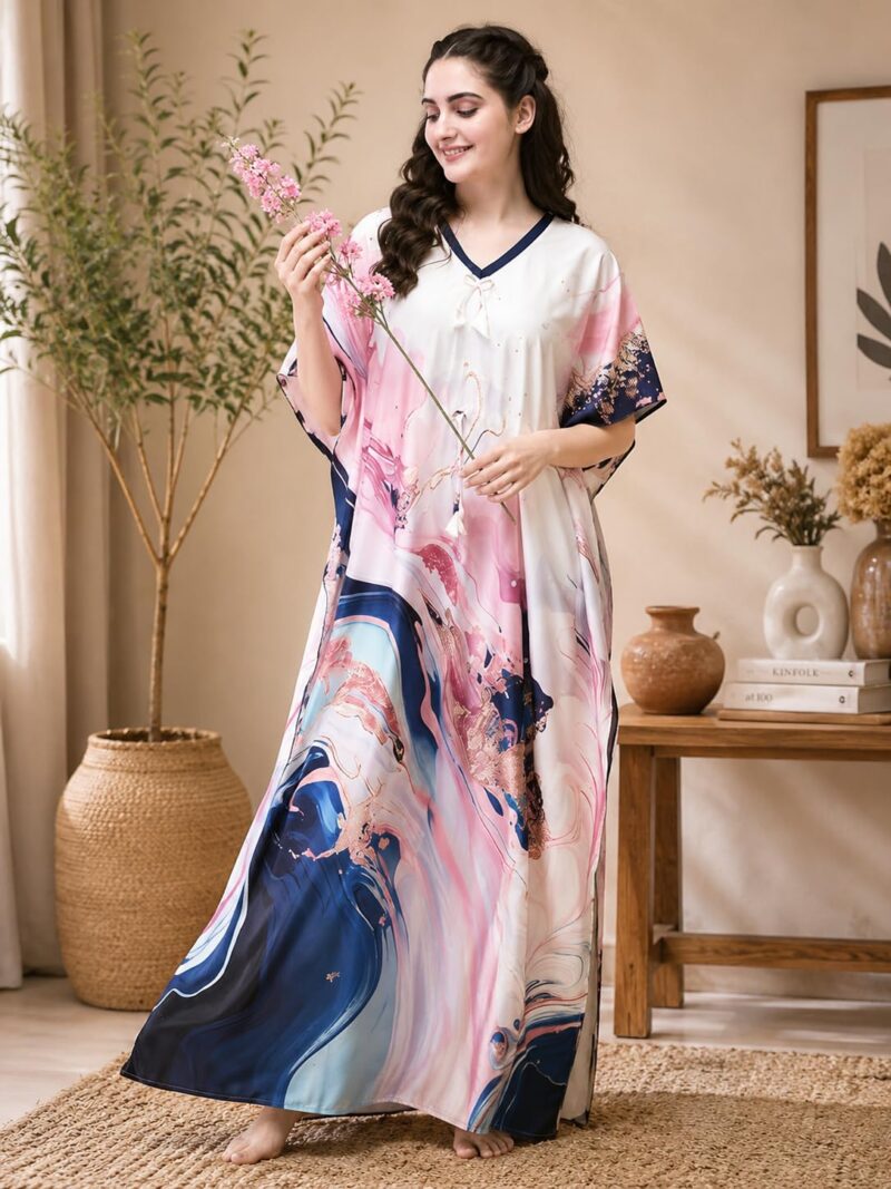 Noty ® Women's Kaftan Nighty | Digital Print | Sarena Fabric | V Shaped Neck Nightwear | Nightdress for Girl (Multicolor Blue, Free Size) - Image 3