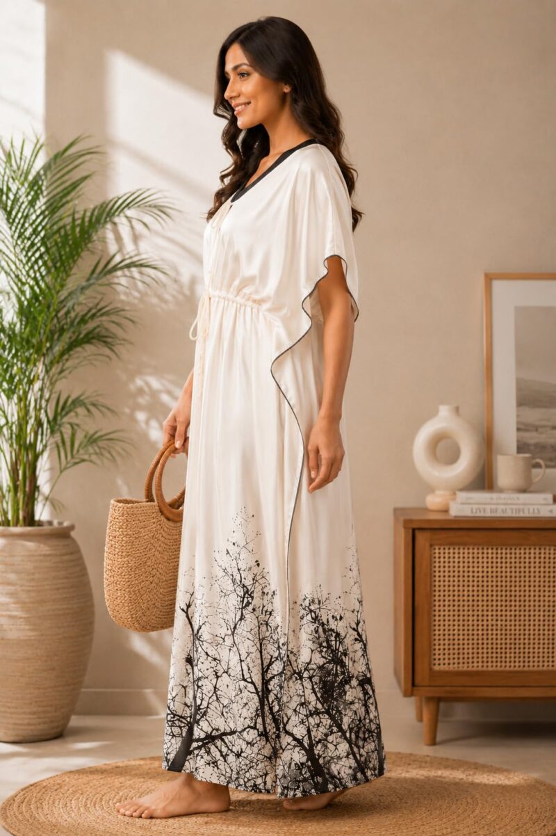 Noty ® Women's Kaftan Nighty | Digital Print | Satin Fabric | V Shaped Neck Nightwear | Nightdress for Girl (Cream, Free Size) - Image 7