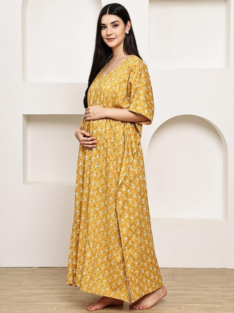 Secret Wish Mustard Floral Cotton Maternity Kaftan & Feeding Kaftan| Loose Fit Nursing Nighty with Zipper | Pregnancy Dress - Image 5