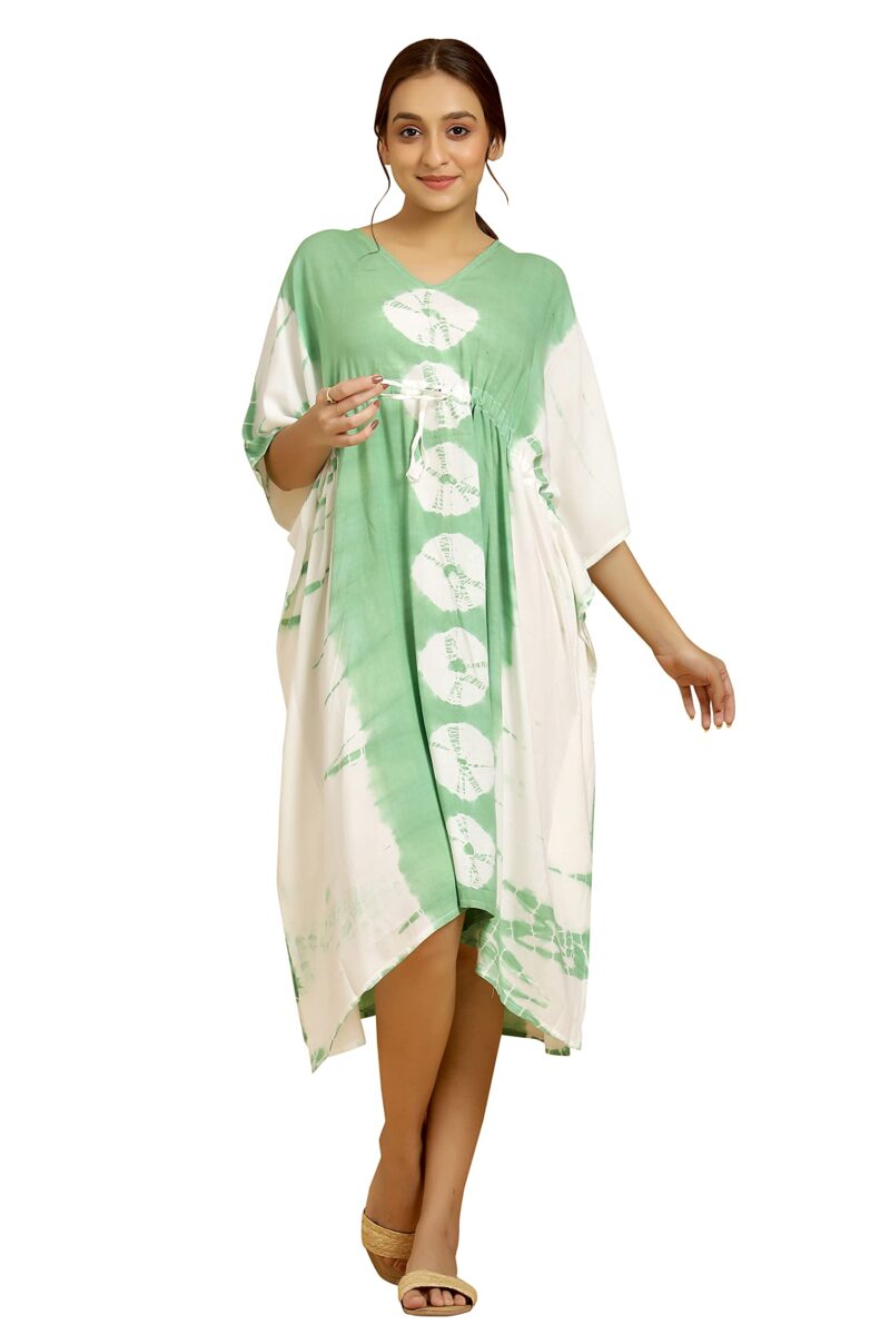 Ravaiyaa - Attitude is everything Rayon Shibori Tie Dye Short Caftan Nightwear Women's Party Dress Kaftan Maxi Gown (Green White Coin Stripe)