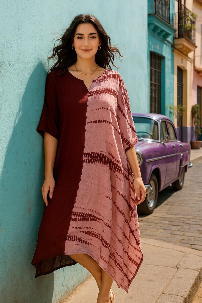 Maaesa Women Maroon Handcrafted Tie-Dye Rayon Loose Fit Kaftan Dress | V-Neck | Color Block Kaftan Style | Lightweight & Breathable Fabric | Casual Wear - Image 4