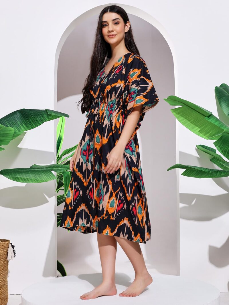 Ravaiyaa - Attitude is everything Women Black Ikat Printed Cotton V-Neck Knee Length Kaftan Dress Nighty - Image 3