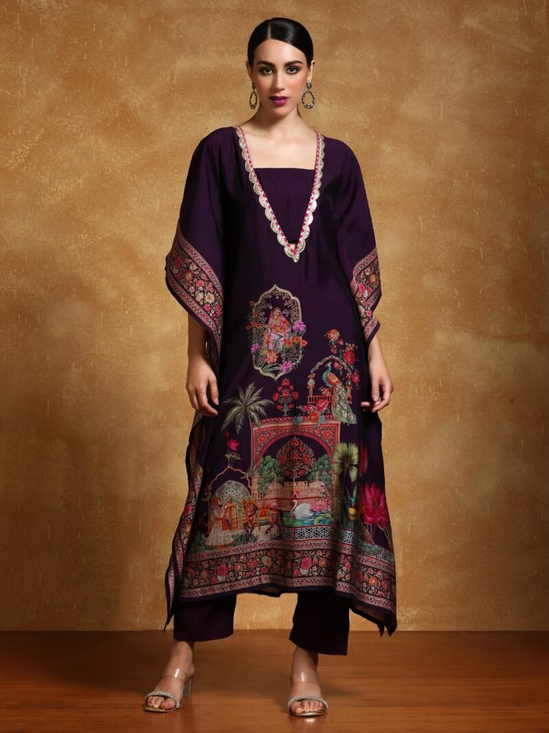 Varanga Women-Zari & Sequin Detailed Ethnic Printed Flared Kaftan With Trouser - Image 2