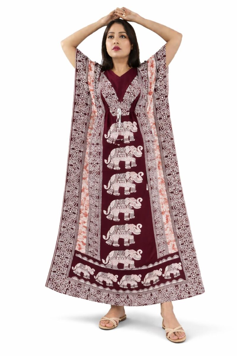 BDROX Women Stylish | Maroon | Animal Printed |Pure Cotton |Color Guaranteed| Free Size |Short Sleeve V Neck Kaftan Nighty/Night Dress/Night Gown for Regular use and Fashionable