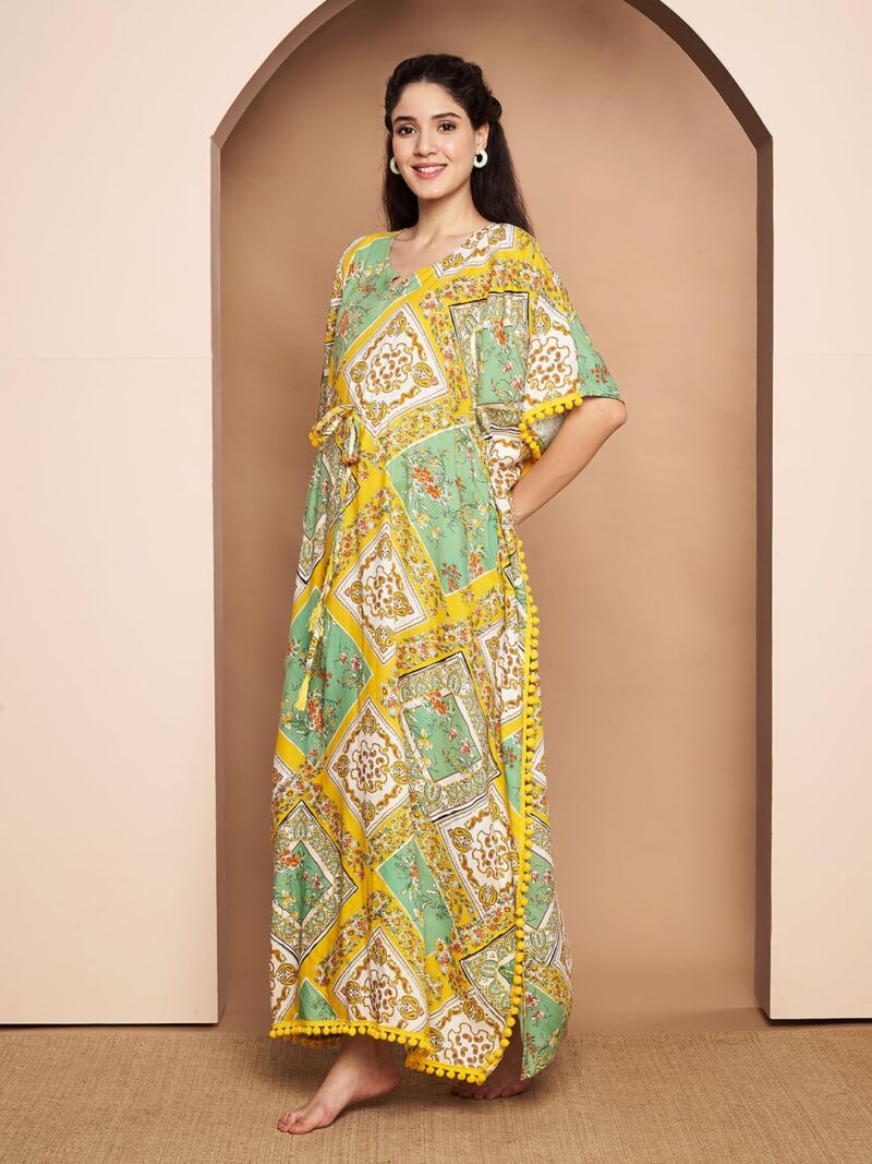 Secret Wish Yellow Geometric Print Rayon Kaftan/Free Size/Printed/Drawstring/Full Length - Image 4