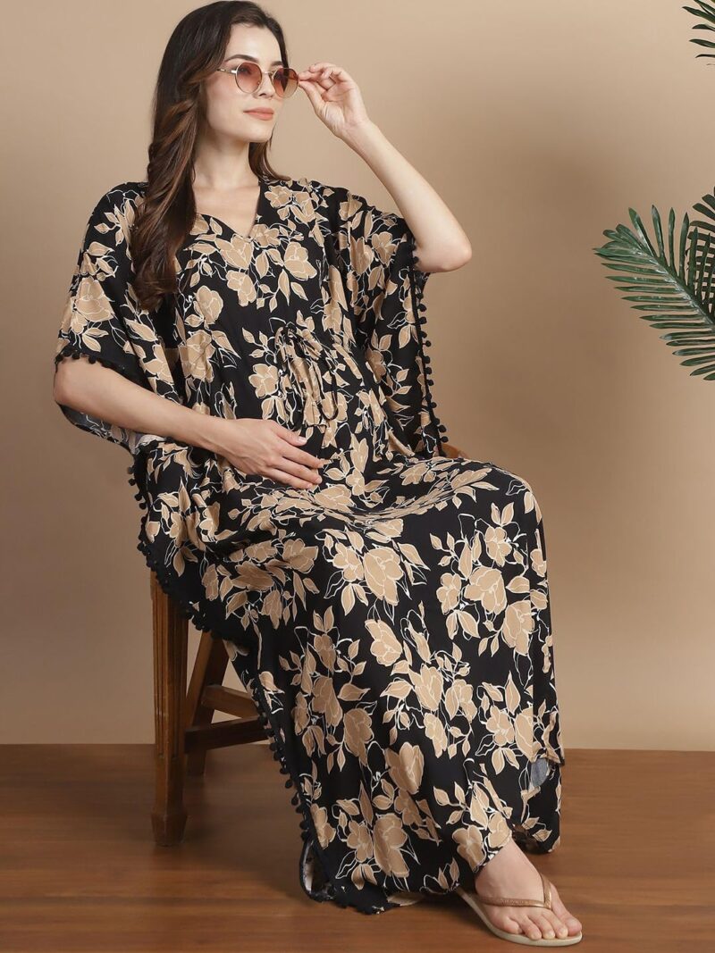 Secret Wish Women Rayon Black & Golden Floral Maternity Kaftan/Free Size/Feeding/Nursing/Zipper/Drawstring/Printed/Full Length - Image 8