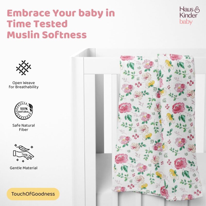haus & kinder 100% Cotton Muslin Swaddle Wrap for New Born Baby | Pack of 5 (100×100 cm) | Baby Blanket & Swaddles for Newborn | Safari Squad Collection - Image 9