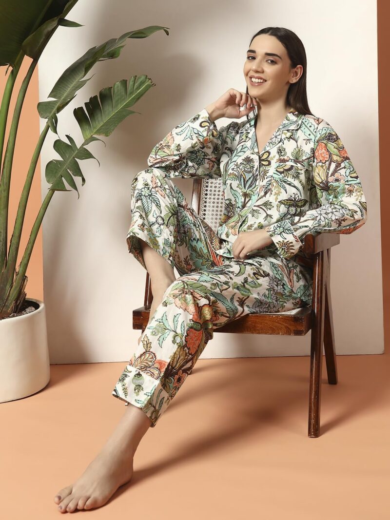 Ravaiyaa Women White Floral Printed Pure Cotton Night Suit | Printed Night Suit | Comfortable Cotton Night Dress & Sleepwear | Cozy Pyjama Set | Cotton Night Suit - Image 4