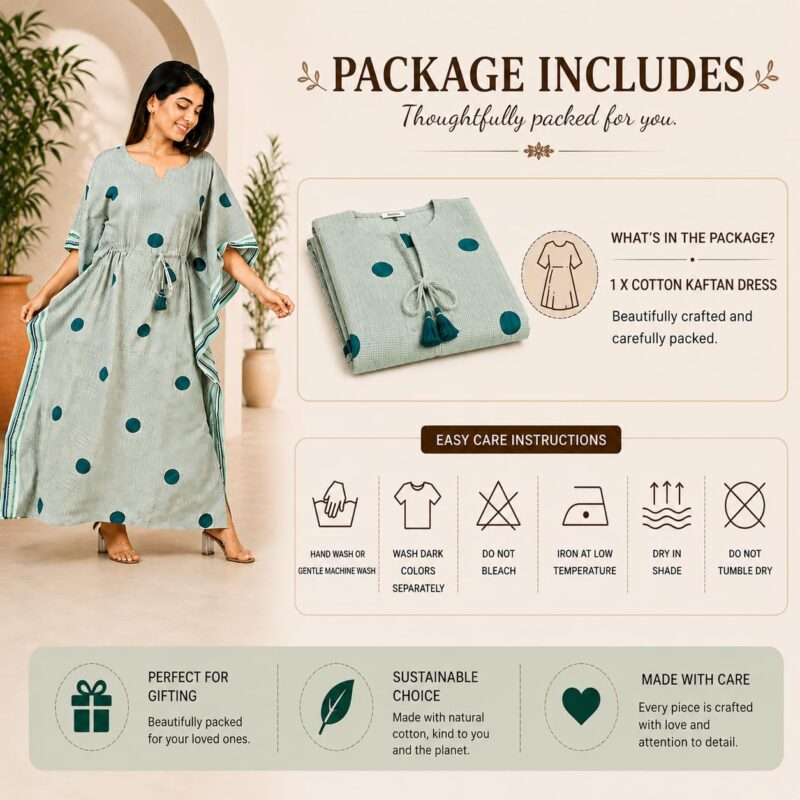 Navyas Fashion Bagru Polka Dot Printed Cotton Kaftan Dress, Pure Cotton, Full Length, Notched Neckline, Drawstring with Tassels, 2 Side Slits (IN, Alpha, M) - Image 5