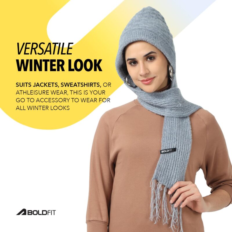 Boldfit Winter Cap for Women Woolen with Mufflers Ladies Knitted for Girls Cap, Stylish for Winter Wear Scarf - Grey - Image 6