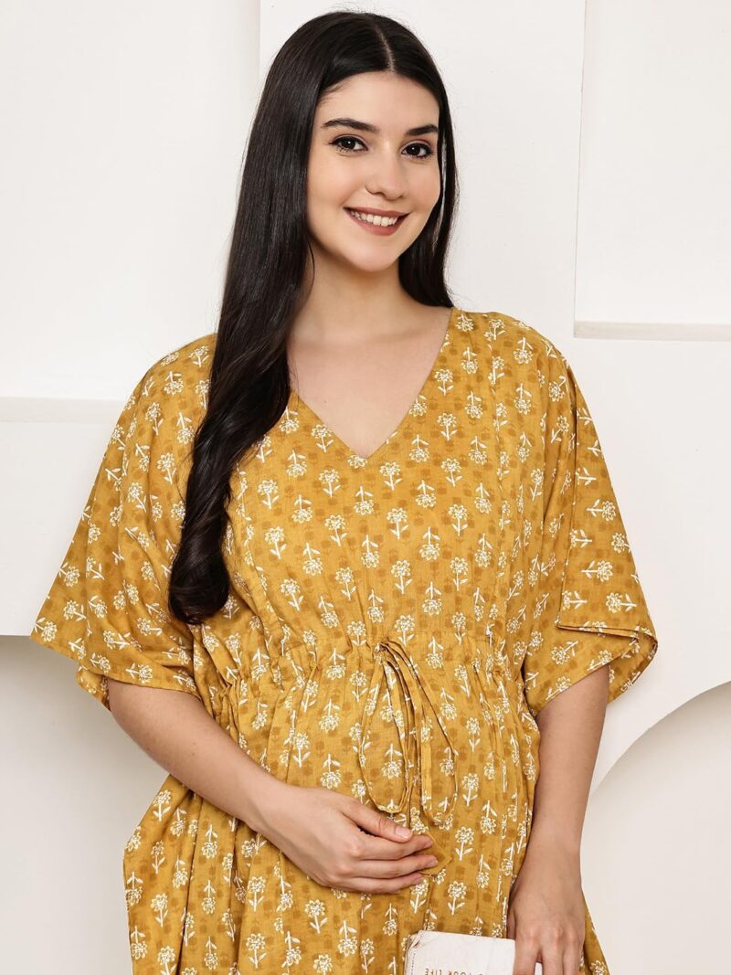 Secret Wish Mustard Floral Cotton Maternity Kaftan & Feeding Kaftan| Loose Fit Nursing Nighty with Zipper | Pregnancy Dress - Image 8