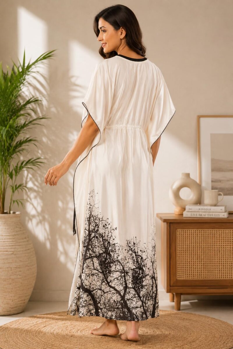 Noty ® Women's Kaftan Nighty | Digital Print | Satin Fabric | V Shaped Neck Nightwear | Nightdress for Girl (Cream, Free Size) - Image 6