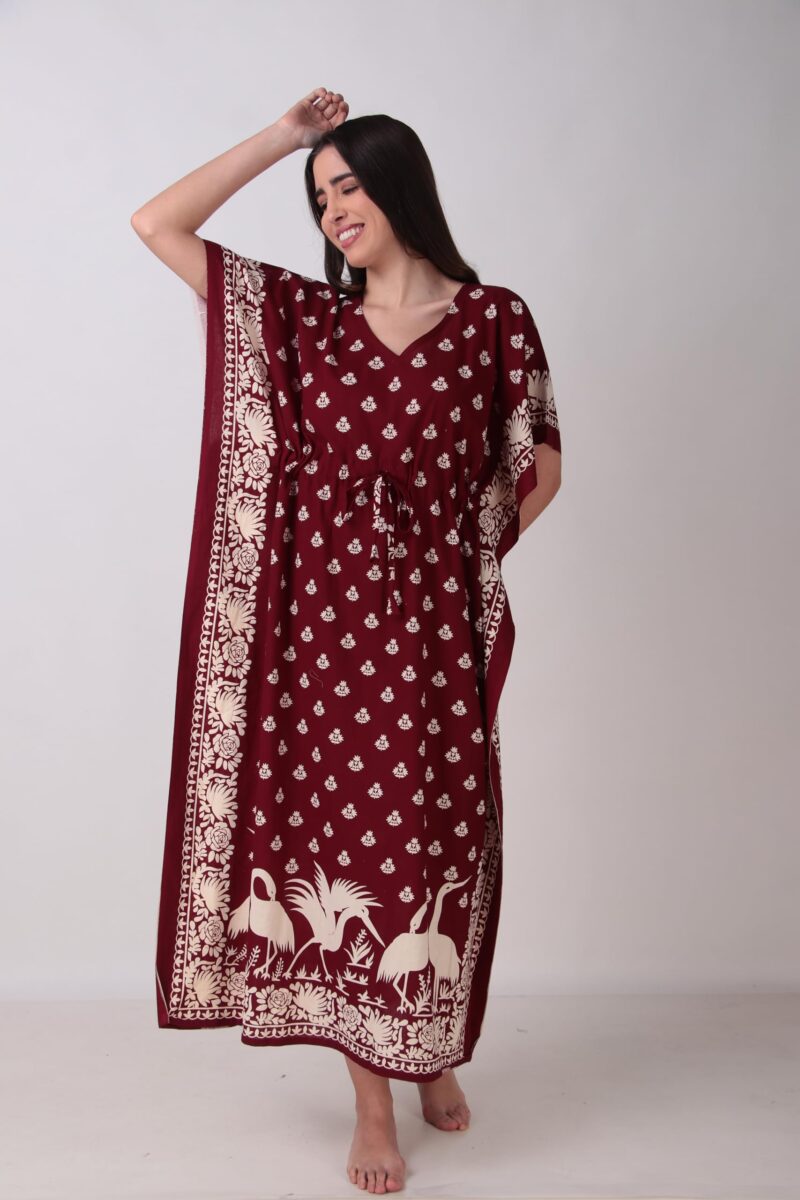 Masha Women's Cotton Printed Saras Kaftan Nighty Maroon - Image 2