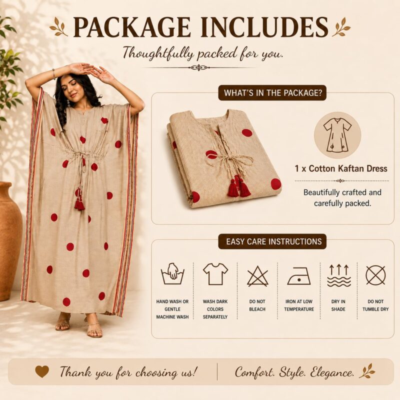 Navyas Fashion Bagru Polka Dot Printed Cotton Kaftan Dress, Pure Cotton, Full Length, Notched Neckline, Drawstring with Tassels, 2 Side Slits, Customisable & Bulk Available (XX-Large) - Image 5
