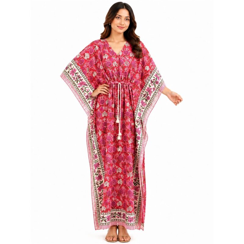 MOMISY Women's Handmade Mal Cotton Handicraft Artisan Hand Block Printed Natural Colour Maxi Kaftan Dress Gown-56 Inch Long-LB1