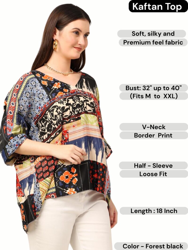 KE KANHA EXPORTS Over Size top|Tops for Woman|Boho Vibe Beach wear|Soft Silky Feel Border Print|V-Neck Half Sleeve Loose Fit|Multicolor|Easily fits M toXXL|Bust 32-40in Length 28in|Pack of 1 - Image 2