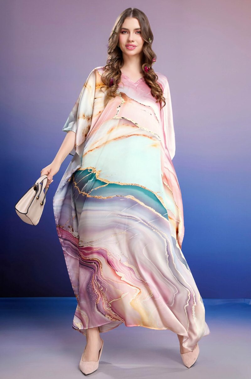 Label Aarna Premium Soft Satin Kaftan Dress for Women / Digital Print / Free Size (M-3XL) / Hidden Adjustable Belt / Full length / Maxi / Resort Wear - Image 7