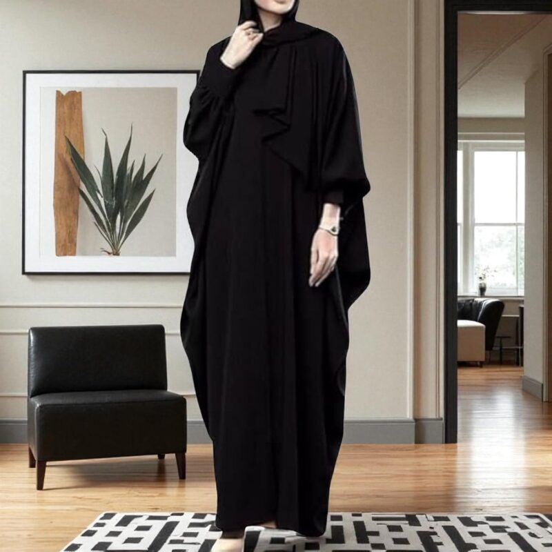 Musheco Black Kaftan Style Front-Open Abaya in Nida Satin Fabric with Zipper – One Size Modest Wear for Women - Image 6