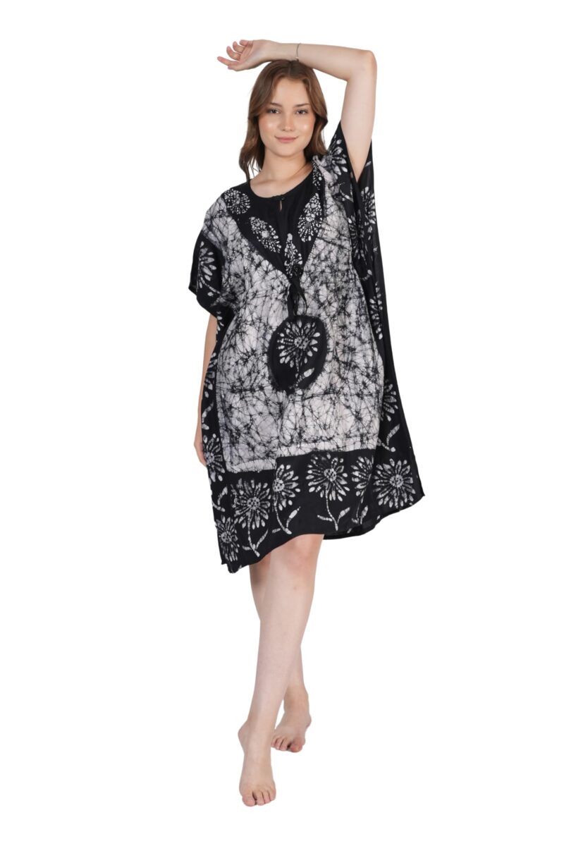 Onekbhalo Women's Cotton Batik Print Knee Length Short Kaftan Nighty (Grey, X-Large)