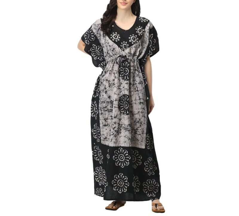 The India's Store Women Batik Kaftan Cotton Night Suit Night Dress Long Caftan Nighty Maxi (White & Black)