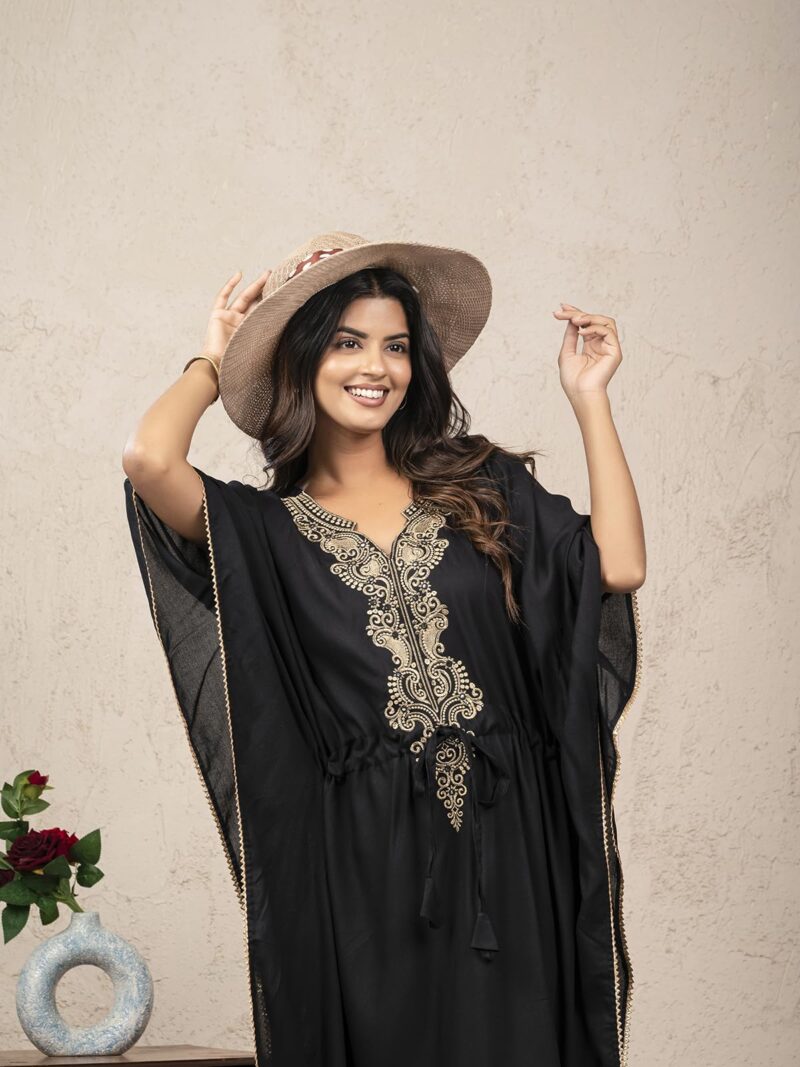 Jaipur Export Quality 100% Pure Rayon Block Print Women's Designer Kaftan Dress || Soft and (Non-Transparent Fabric) b;ack morraccan Black - Image 5