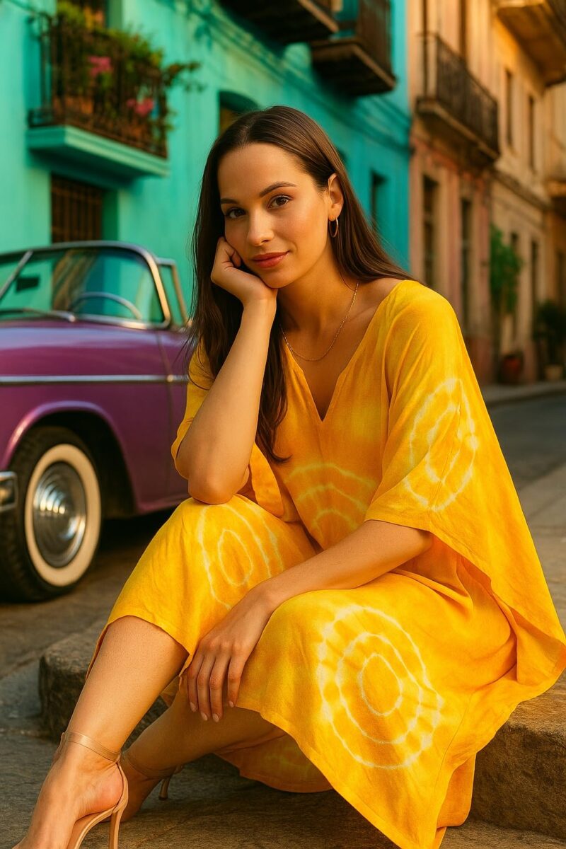 Maaesa Women Yellow Handcrafted Tie-Dye Rayon Loose Fit Kaftan Dress | V-Neck | Flowy Kaftan Style | Lightweight & Breathable Fabric | Casual Wear - Image 8