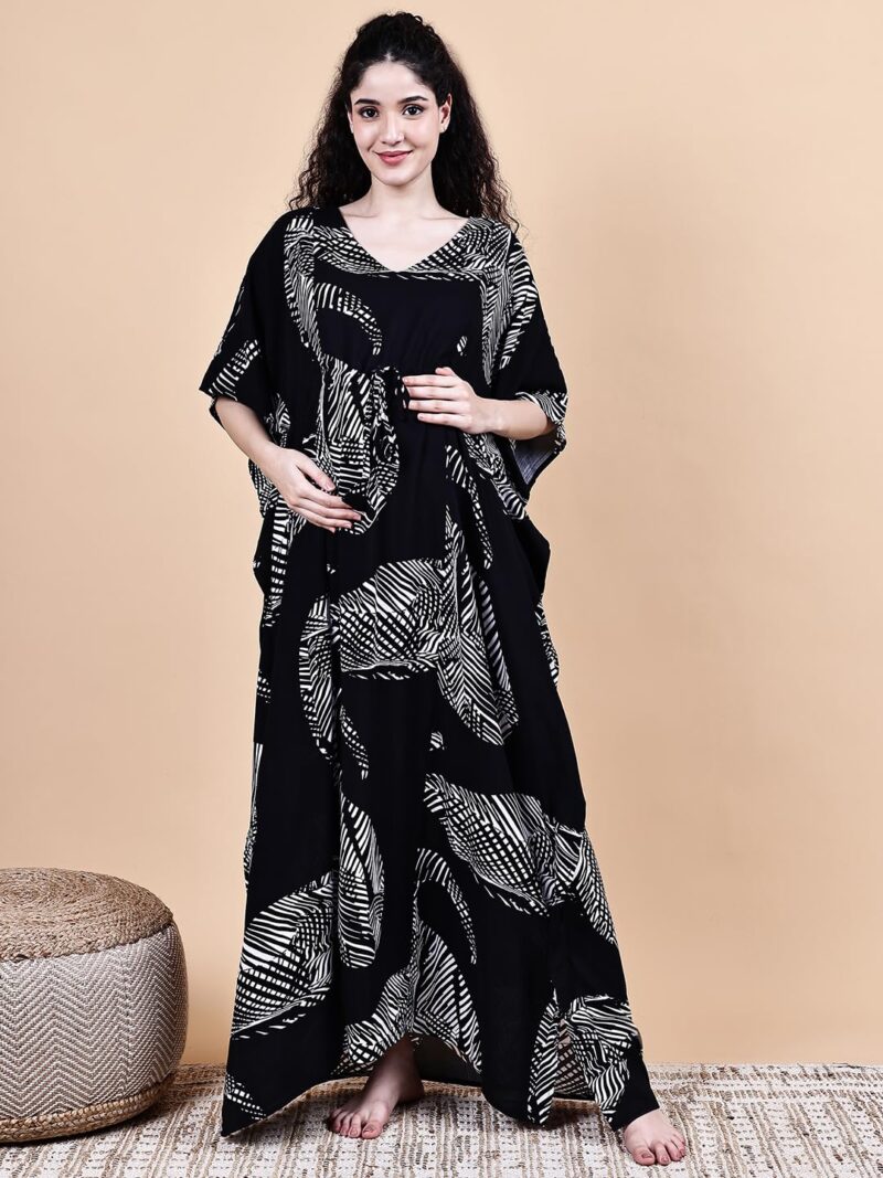 Secret Wish Rayon Maternity Kaftan Nighty/Free Size/Feeding/Nursing/Zipper/Drawstring/Full Length (Black III) - Image 2