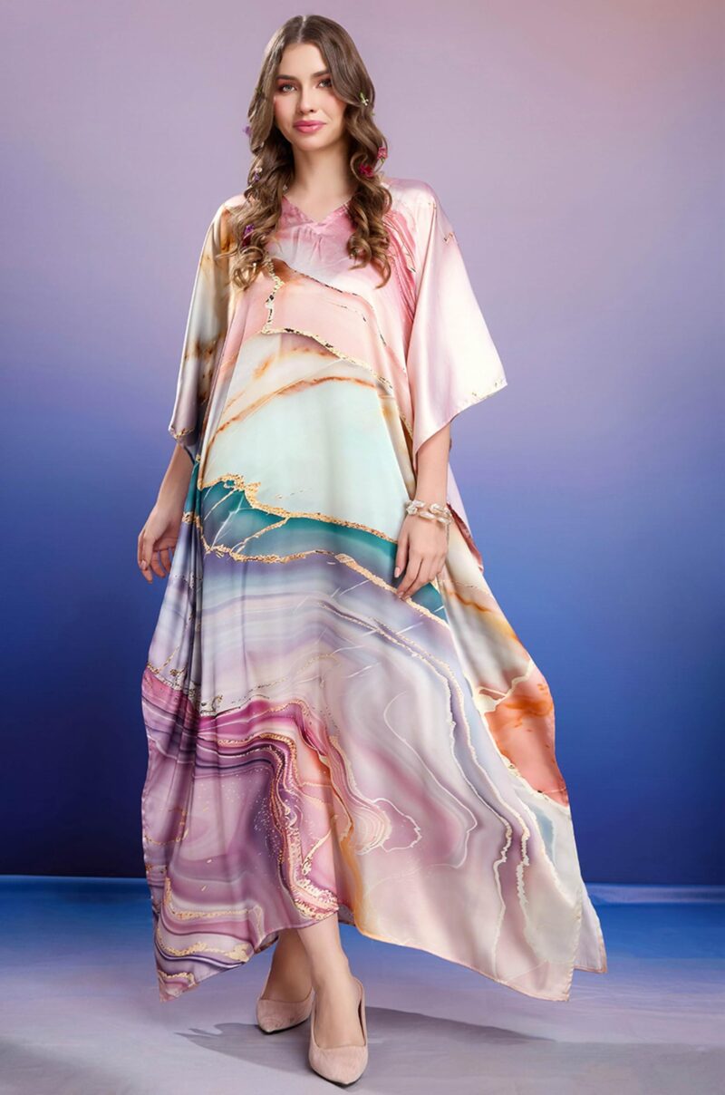 Label Aarna Premium Soft Satin Kaftan Dress for Women / Digital Print / Free Size (M-3XL) / Hidden Adjustable Belt / Full length / Maxi / Resort Wear - Image 2