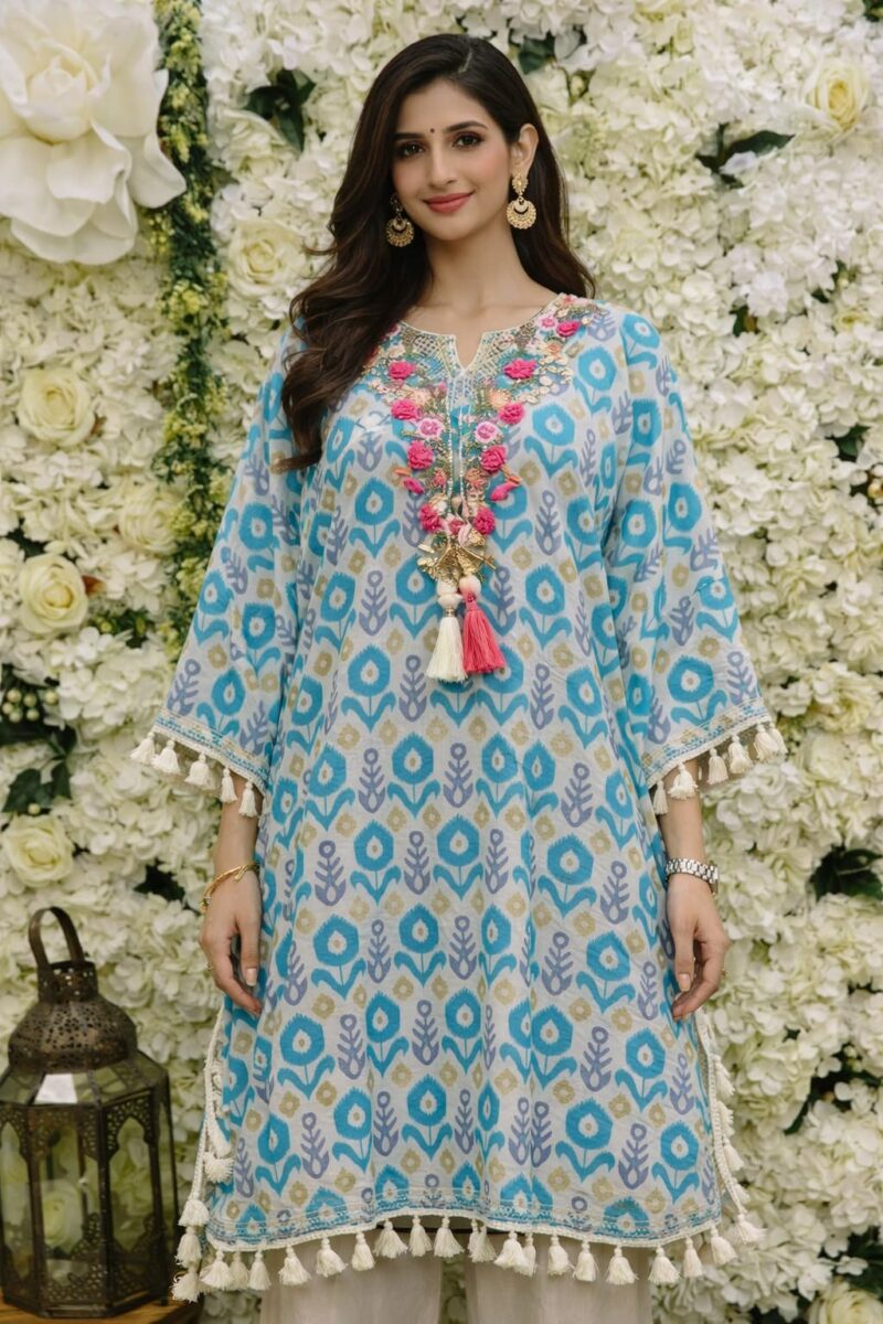 Women's Kaftan Kurta, Floral Print, 3/4 Sleeve with Tassel Detail, Rayon (in, Alpha, 2XL, Blue) - Image 2