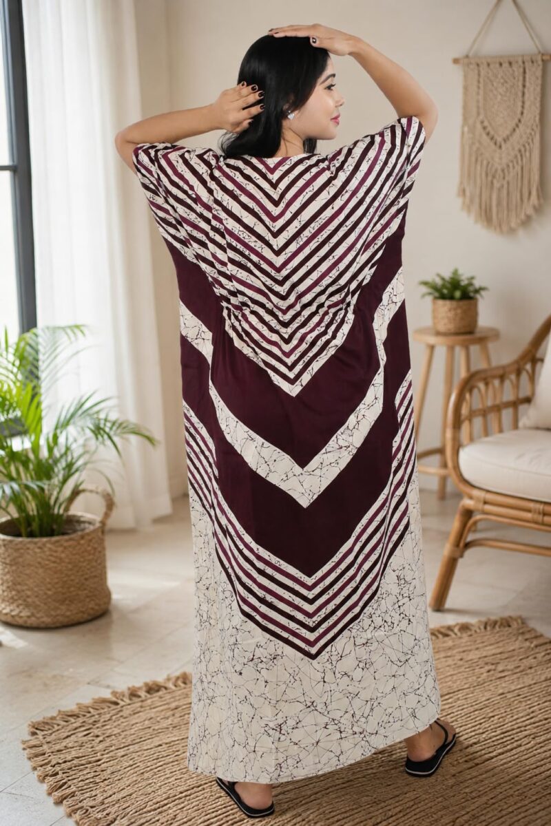 BDROX Women’s Printed Maroon Cotton Kaftan Nighty | Long Maxi Lounge Dress with Drawstring Waist | Soft, Breathable & Comfortable Nightwear - Image 6
