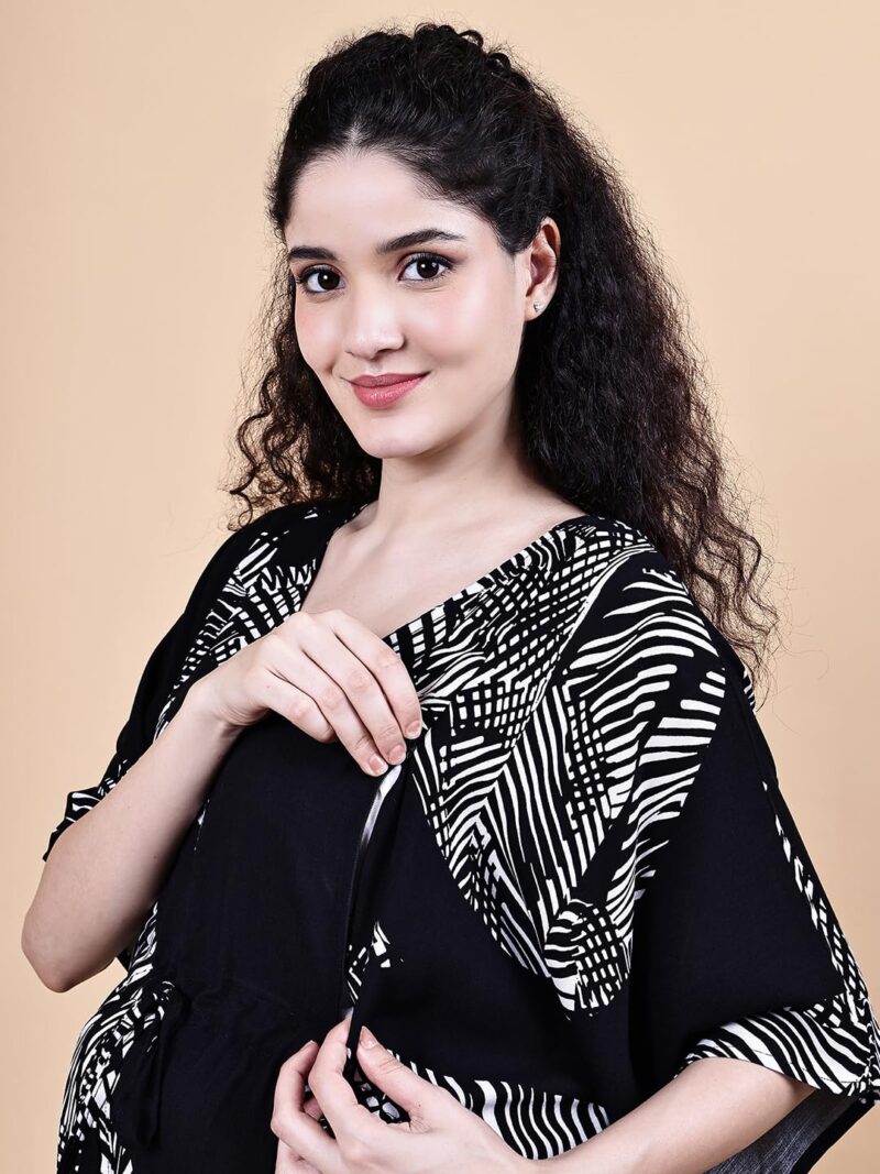 Secret Wish Rayon Maternity Kaftan Nighty/Free Size/Feeding/Nursing/Zipper/Drawstring/Full Length (Black III) - Image 4
