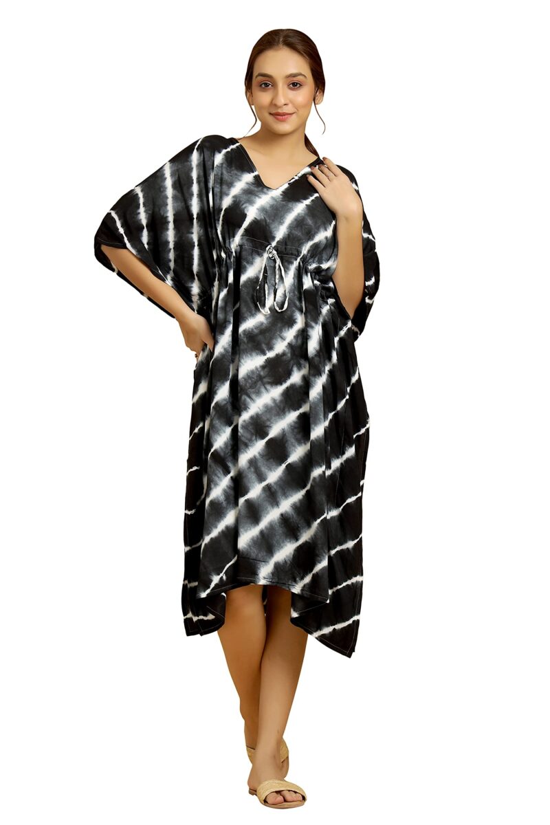 Ravaiyaa - Attitude is everything Rayon Shibori Tie Dye Short Caftan Nightwear Women's Party Dress Kaftan Maxi Gown (Black White Lahriya)