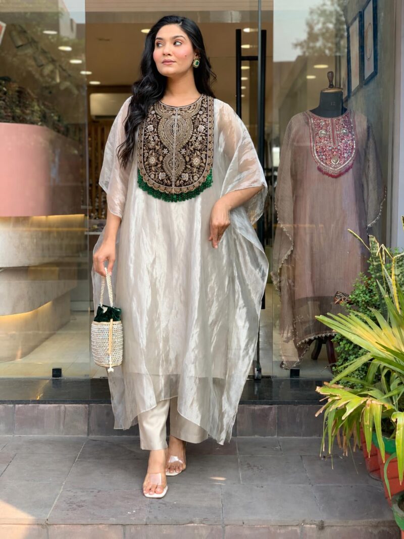 GoSriKi Women's Glass Tissue Embroidered Kaftan Kurta with Palazzo for Women (Chiran Beige-GS_XL_Beige_XL) - Image 4
