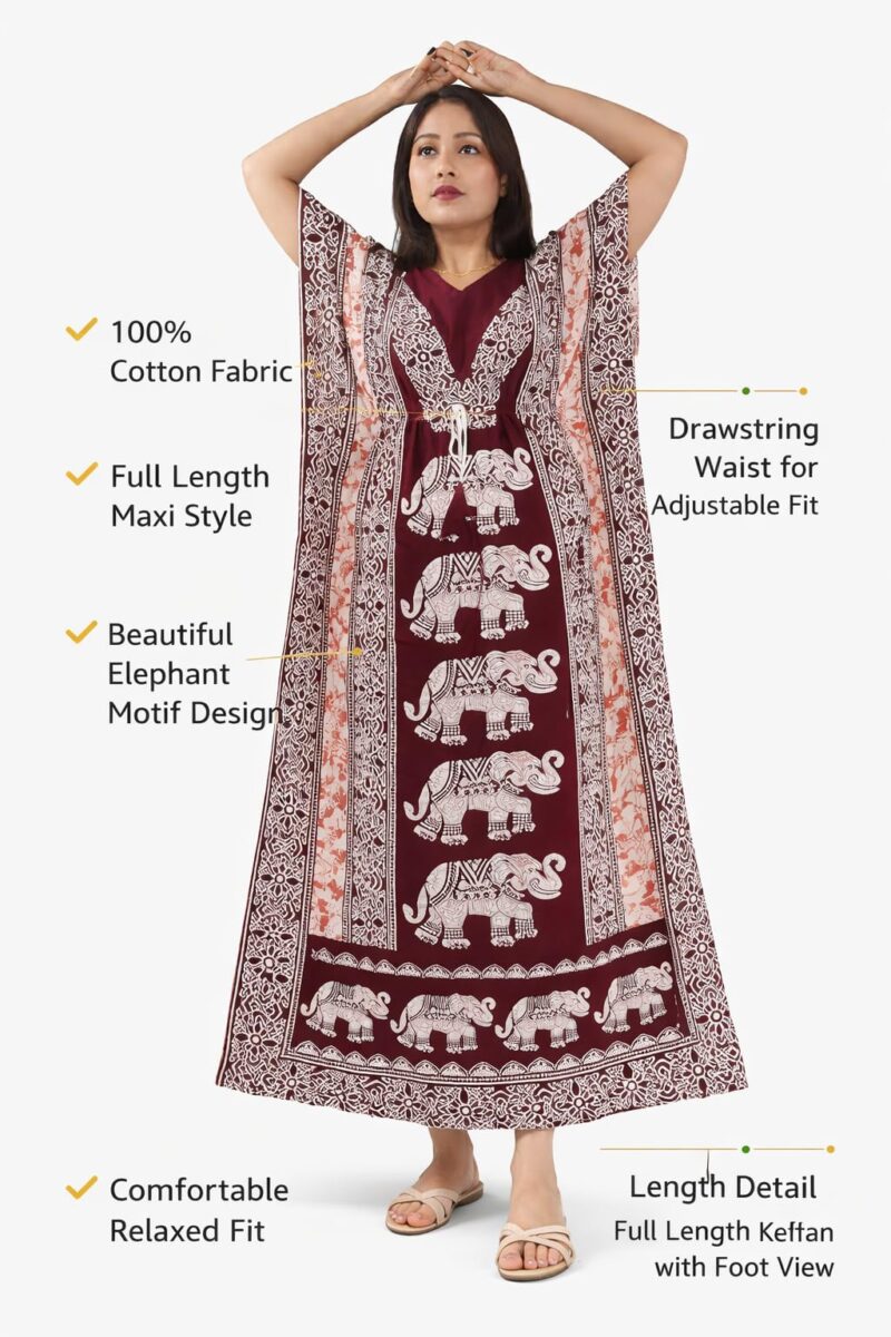 BDROX Women Stylish | Maroon | Animal Printed |Pure Cotton |Color Guaranteed| Free Size |Short Sleeve V Neck Kaftan Nighty/Night Dress/Night Gown for Regular use and Fashionable - Image 2