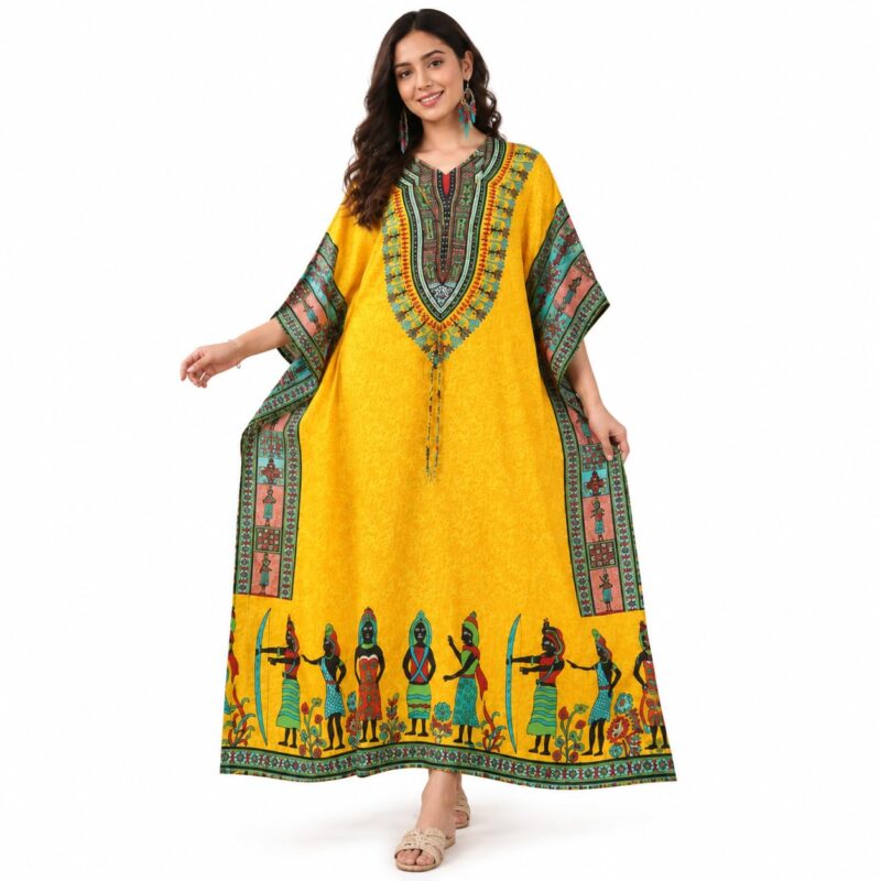 Women's African Print Kaftan Dress, Yellow Tribal Dashiki , Free Size