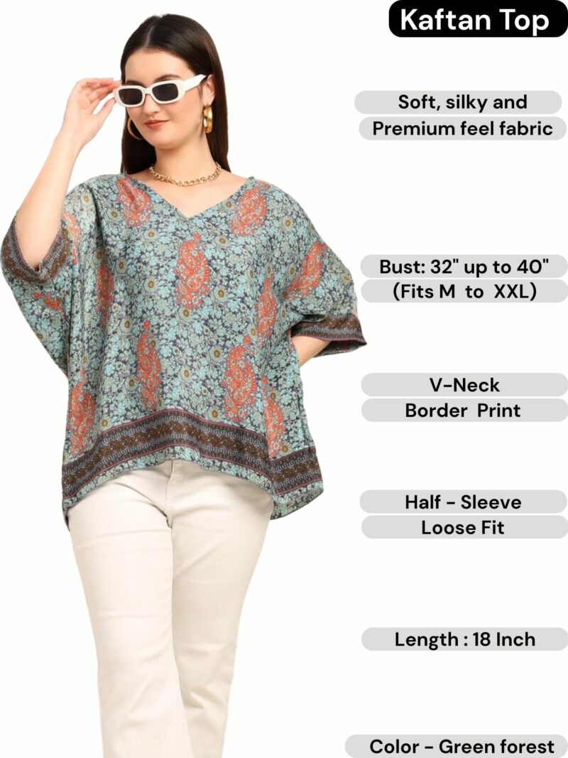 KE KANHA EXPORTS Over Size top|Tops for Woman|Boho Vibe Beach wear|Soft Silky Feel Border Print|V-Neck Half Sleeve Loose Fit|Multicolor|Easily fits M toXXL|Bust 32-40in Length 28in|Pack of 1 - Image 2
