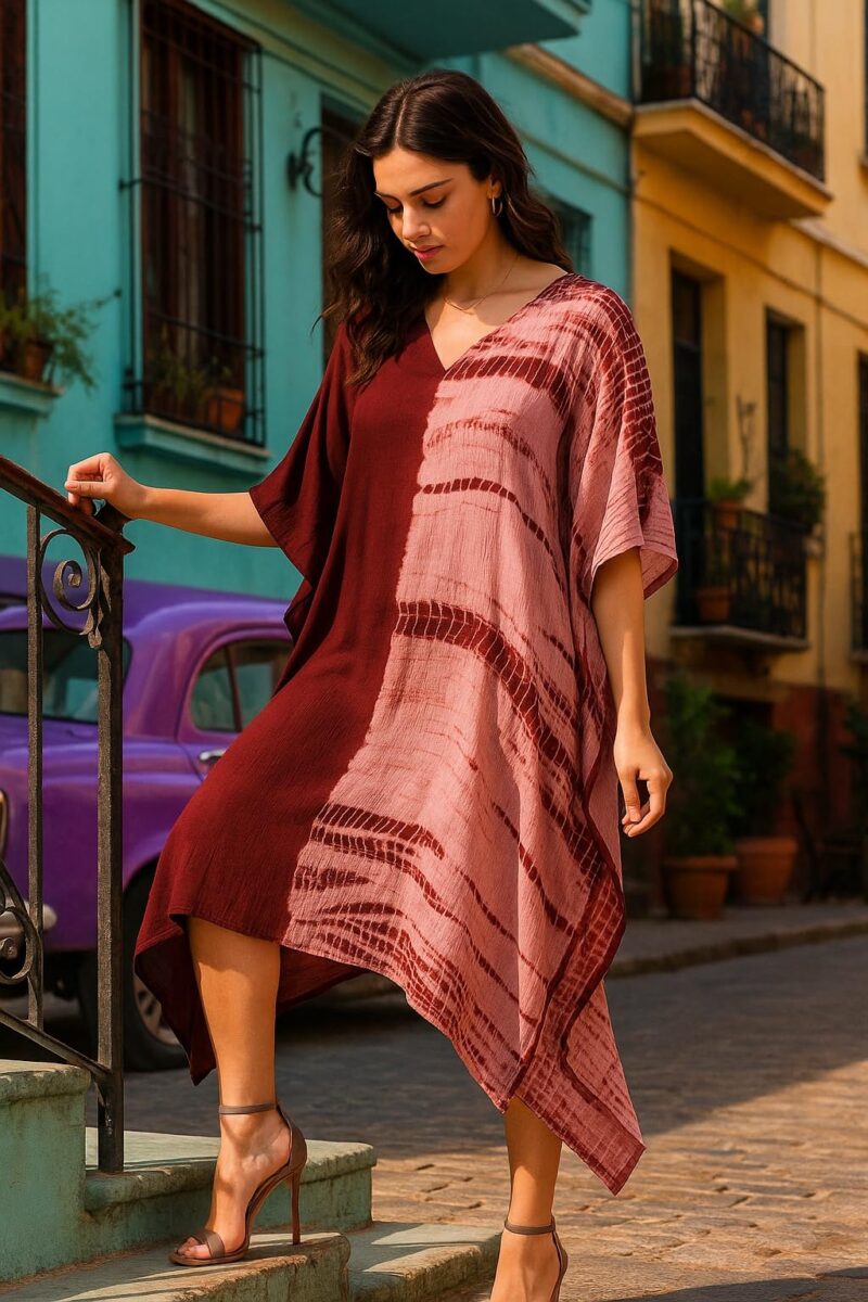 Maaesa Women Maroon Handcrafted Tie-Dye Rayon Loose Fit Kaftan Dress | V-Neck | Color Block Kaftan Style | Lightweight & Breathable Fabric | Casual Wear - Image 8