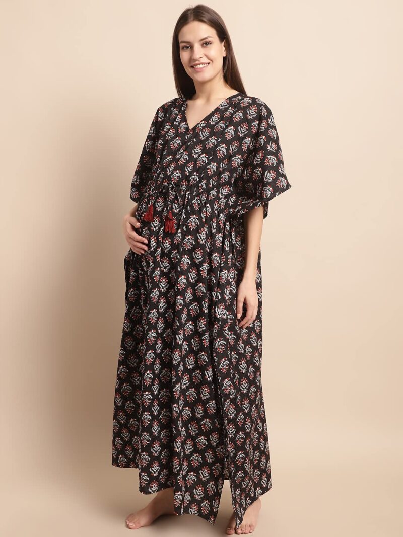 Secret Wish Women Cotton Maxi Black Floral Maternity Kaftan Nighty, Free size - Image 2