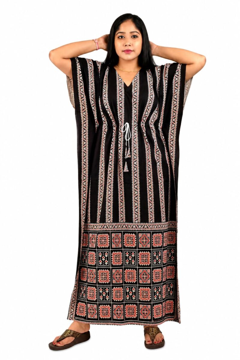 BDROX Women’s Black Cotton Kaftan Nighty Maxi Dress | Loose Fit Printed Lounge Wear | Breathable Summer Sleepwear | Free Size Comfortable House Dress - Image 2