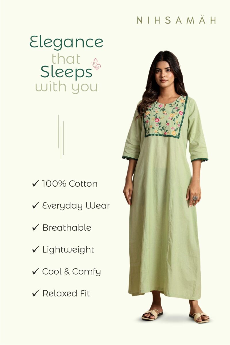 NIHSAMAH Premium Women’s Embroidered Nighty – 100% Cotton, Full-Length Comfort Sleepwear Long Nightwear, Soft Fabric for Daily & Night Use, Maxi (Light Green, M-Bust-42) - Image 4